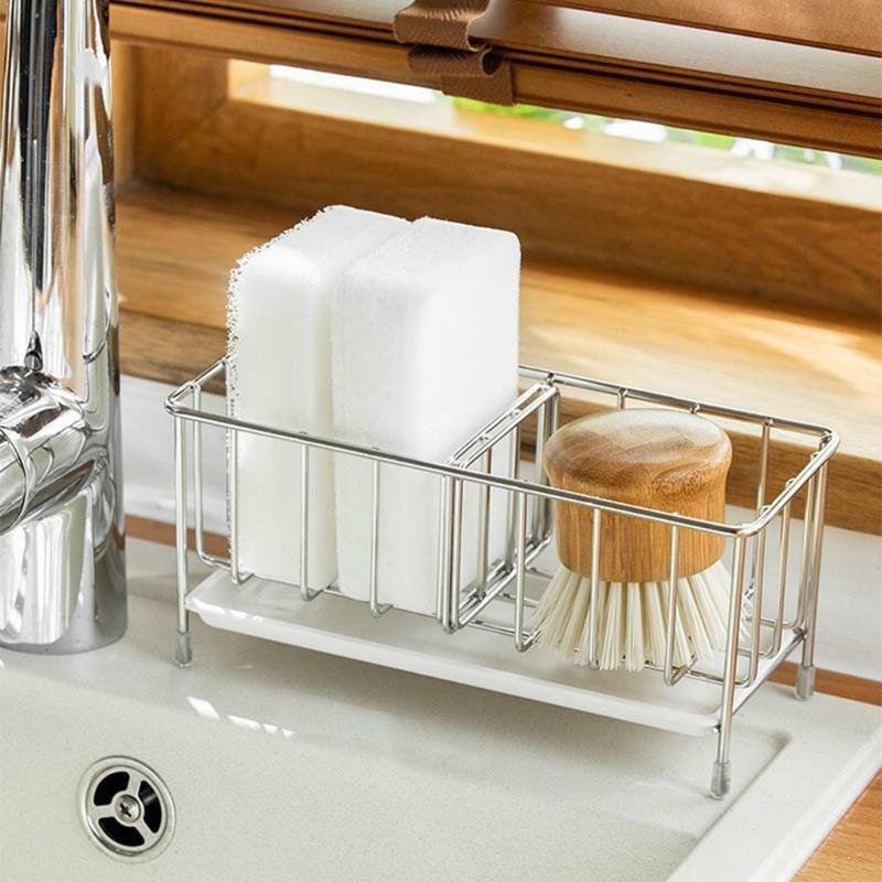Sink Caddy Organizer Countertop Sponge Brush Soap Holder with Drain Pan