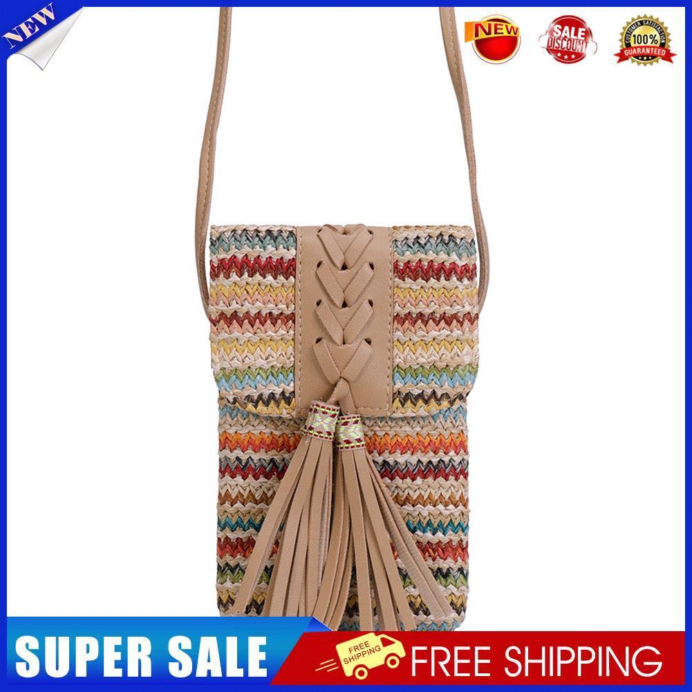 Women Straw Mobile Phone Bag Ethnic Woven Tassel Girl Satchel Crossbody Bag