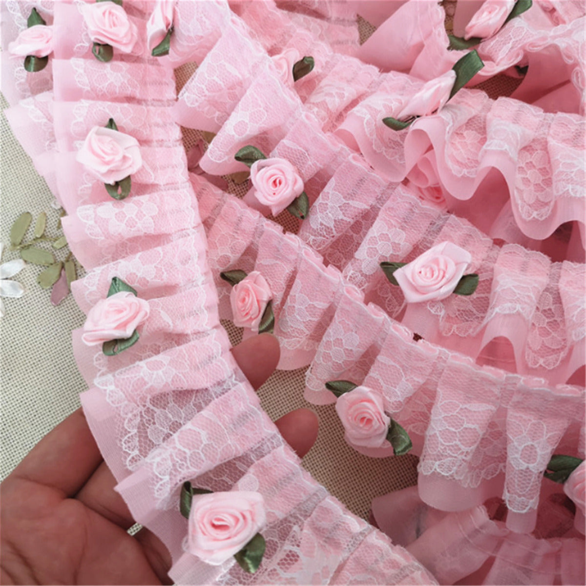 100CM Pink Rose Flower Ruffle Lace Trim Chiffon Pleated Ribbon DIY Sewing Craft