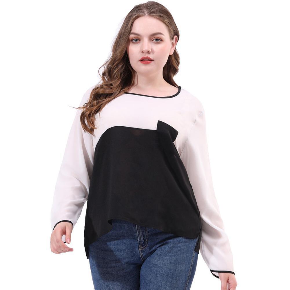 Plus Size O-neck Tops Women Long Sleeve Splicing Color T-shirts (White 5XL)