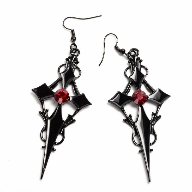 Halloween Steampunk Black Cross Metal Red Rhinestone Ear Pendant Jewelry Gifts