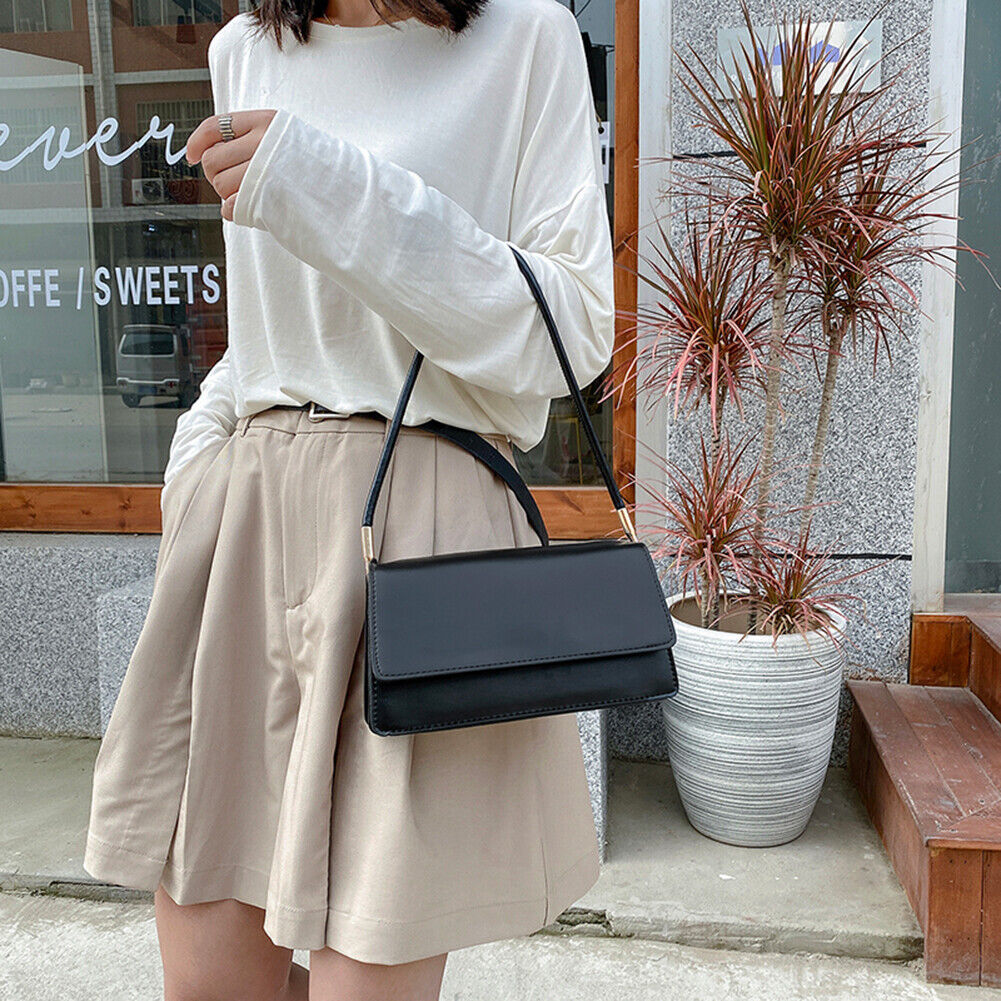 Simple Solid Color Women Handbag Tote PU Female Flap Shoulder Bag (Black)