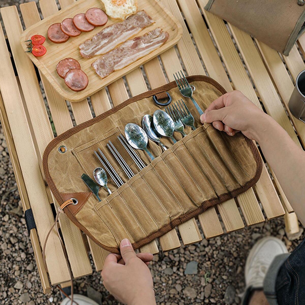 Camping Utensil Bag Fork Spoon Chopsticks Cutlery Dinnerware for Travel BBQ