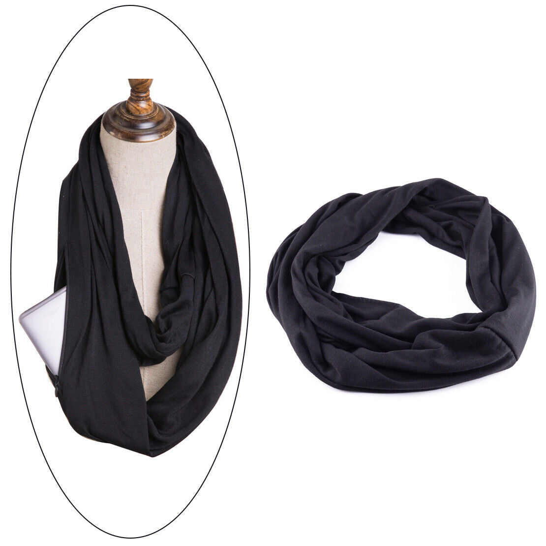 Men Women Warm Infinity Cotton Scarf with Hidden Zipper Pocket Travel Secure Li