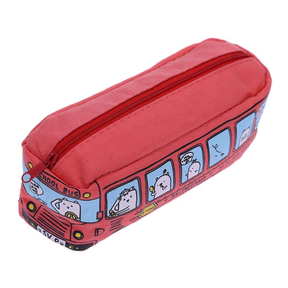 Animal Bus Canvas Pencil Bag Pen Pouch Student Stationery Organizer(Red)