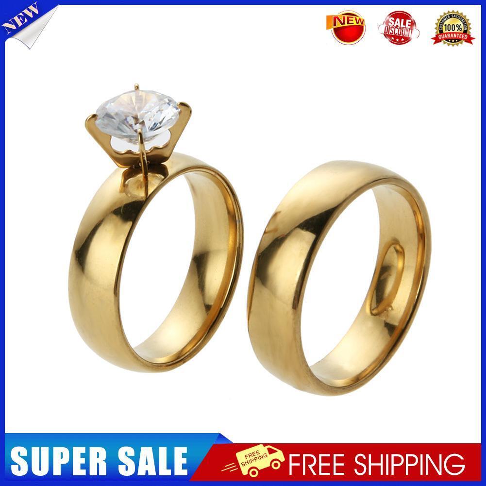 1 Pair Fashion Stainless Steel Rhinestone Lovers Couple Rings (Size 7)