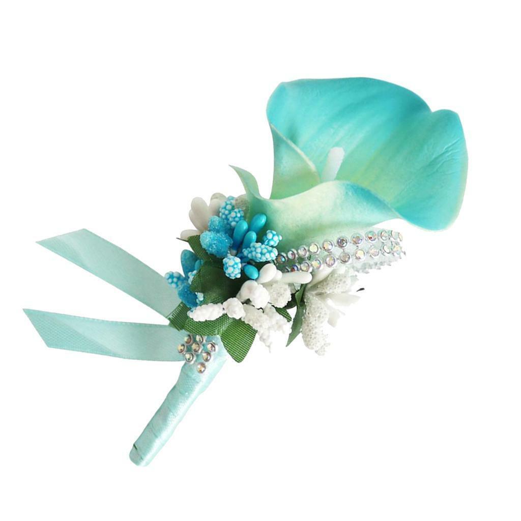2 Pieces  Calla  Rhinestone Groom Bridal Wedding Corsage Sky