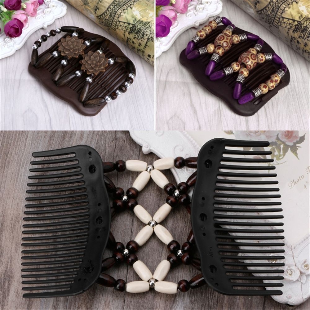Flower Hair Accessories  Women Clip Magic Double  Wood Beads Hair Comb