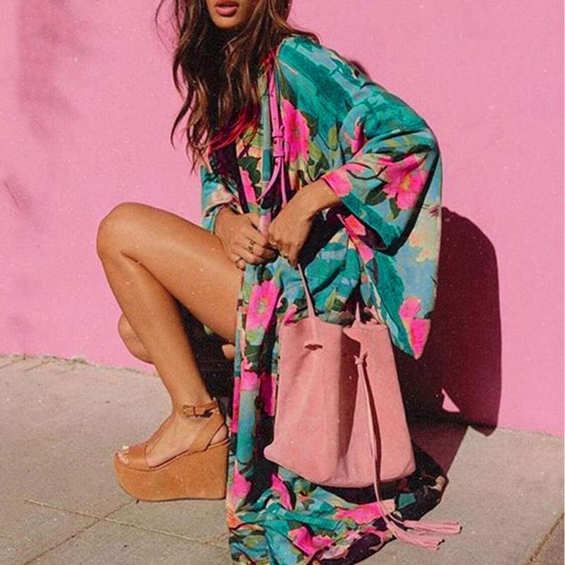 Fashion Women Long Shirt  Robe Over Sized Bikini Cover Up Blossom Print Kaftan