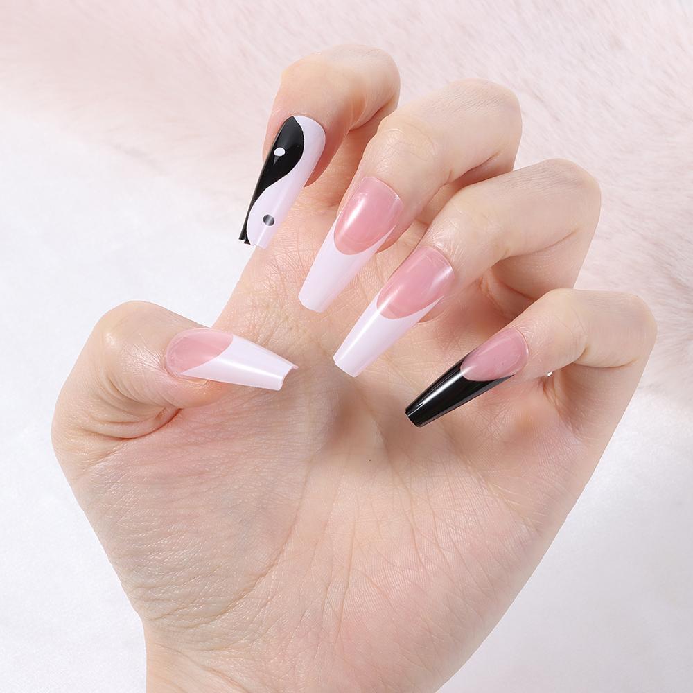 False Nail Tips White and Black Mixed Colors with Taichi Design Long Coffin