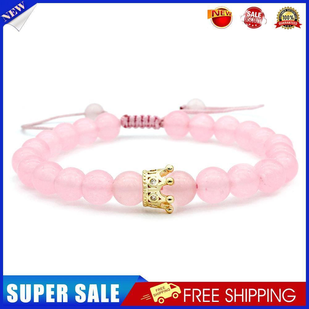 Fashion Women Zircon Crown Pink Stone Strand Bracelet Beads Bangle Jewelry