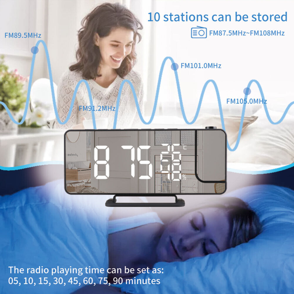 Digital Electric Alarm Clock Projector Desktop Radio FM LED Snooze Clocks