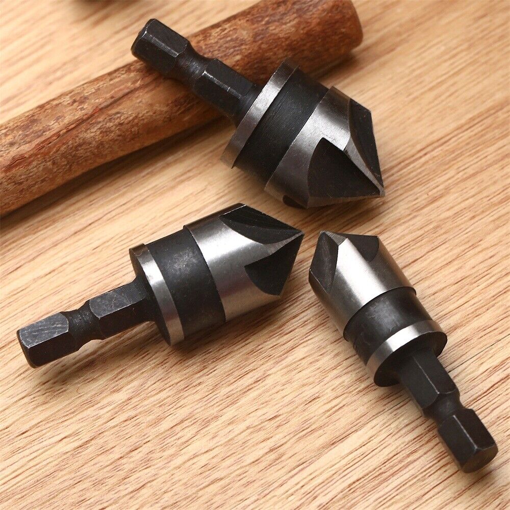3Pcs Hex Shank 90° Degree 5 Flute Countersink End Chamfer Wood Drill Bit Set