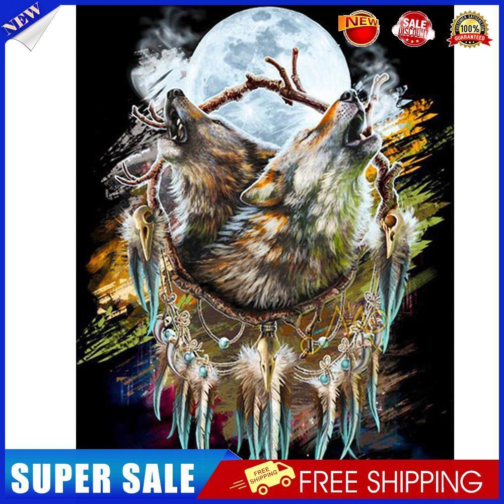 5D Full Round Drill Diamond Painting Wolf Wind Chime Mosaic Rhinestone Draw