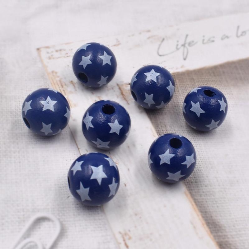 Independence Day Wood Beads 10 Pcs Round Patriotic Star Wooden Bead