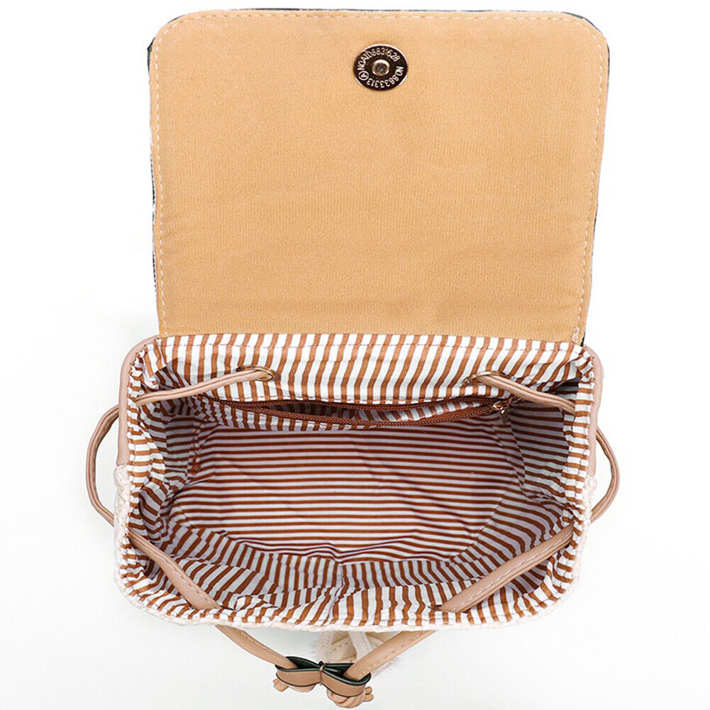 Straw Woven Backpack Beach Women Fashion Leather Pompom Travel Shoulder Bag