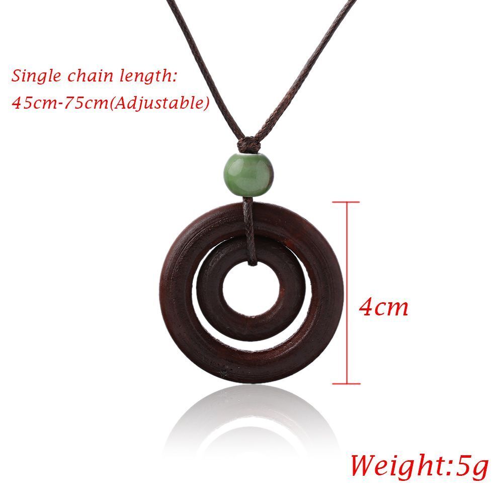 Jewelry Brown Bead Women Double-circle Pendant Long Wood Necklace Rope Chain