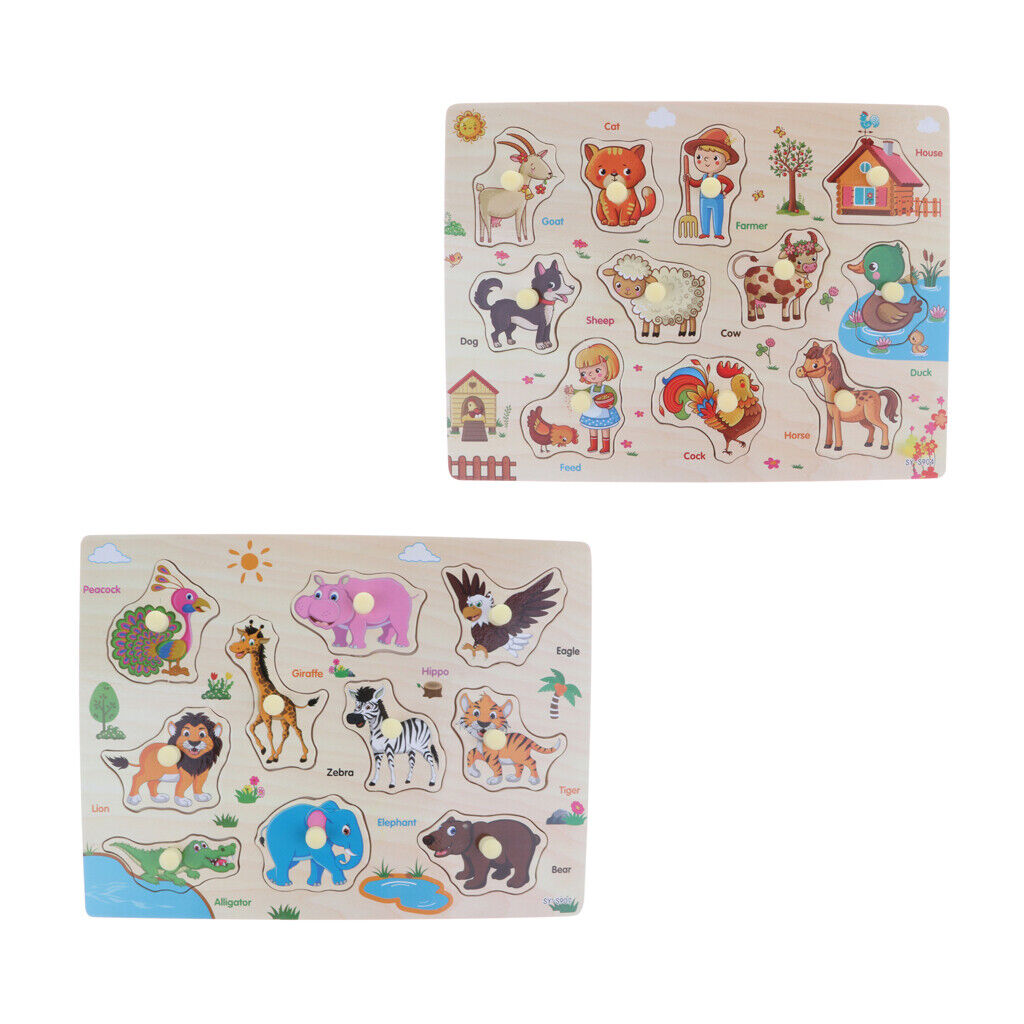 2 Pack Wooden Peg Puzzle  Preschool Educational  & Farm Animals