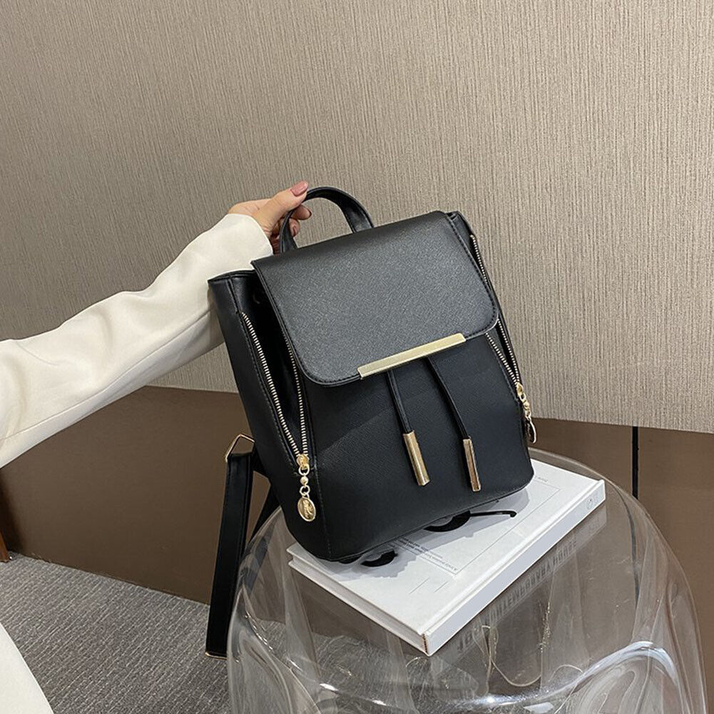 Fashion Women PU Pure Color Backpack Casual Drawstring Handbags (Black A)