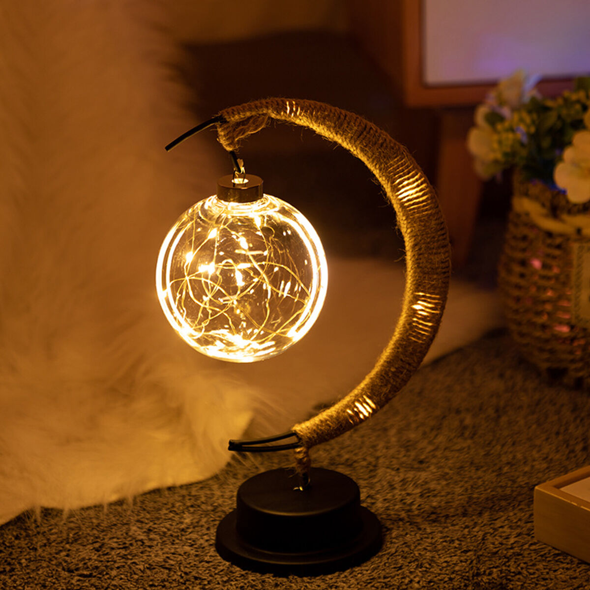 LED Moon Sepak Takraw Lamp Handmade Hemp Rope Wrought Iron Night Light Home