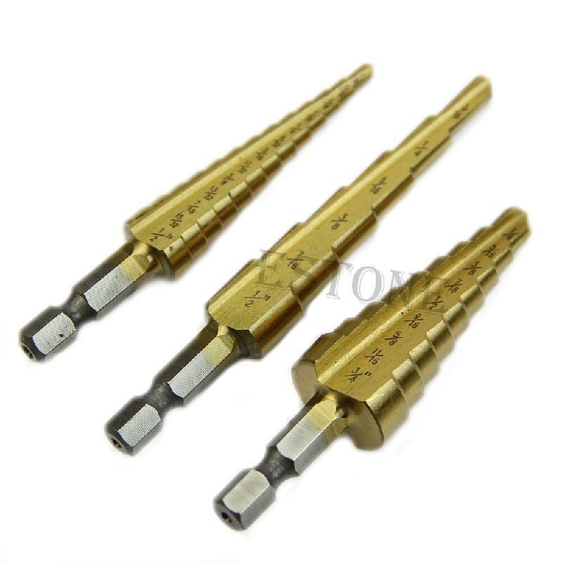 Portable 3Pcs Steel Titanium Coated Step Drill Bit Quick-change 1/4" Hex Shank