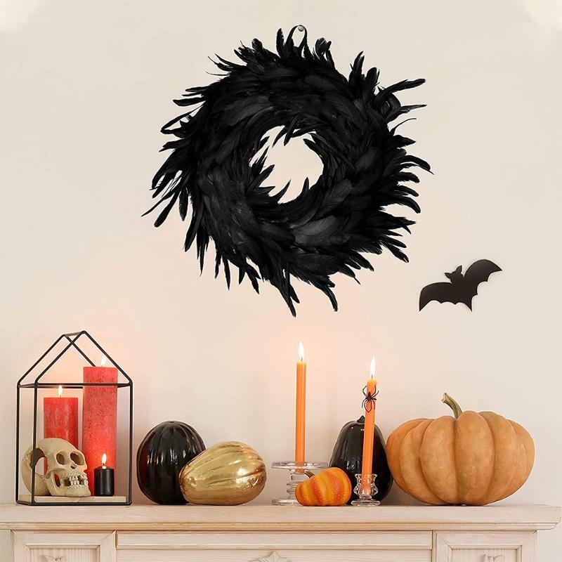 15.7in Natural Feathers Wreath Front Door Black Feather Wreath Halloween Decor