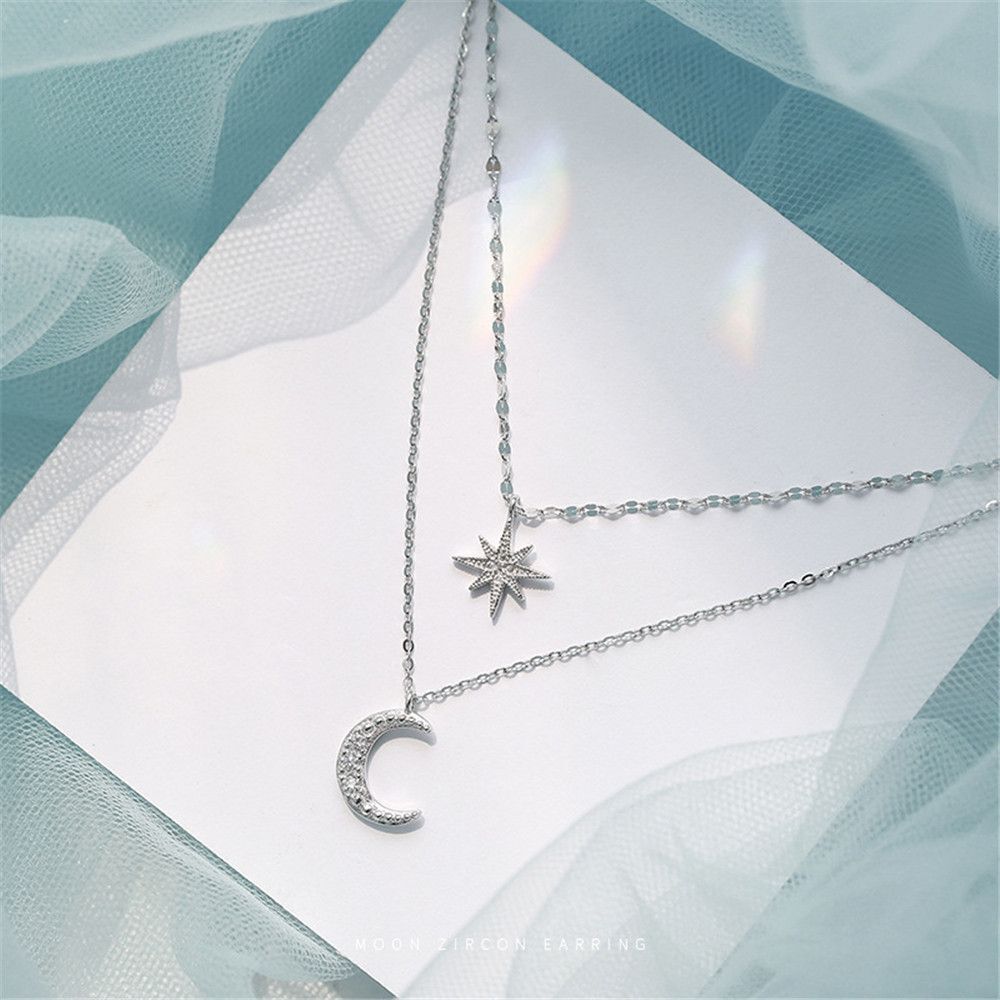 Double Chain Star Moon Necklace Sparkling Charm Clavicle Chain Pendant Choker