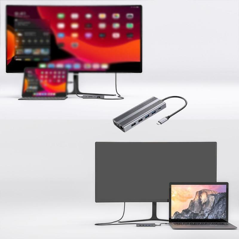 12-Port Portable 3.0 USB C Hub Support 4K 30Hz Video Transmission for Mobile HDD