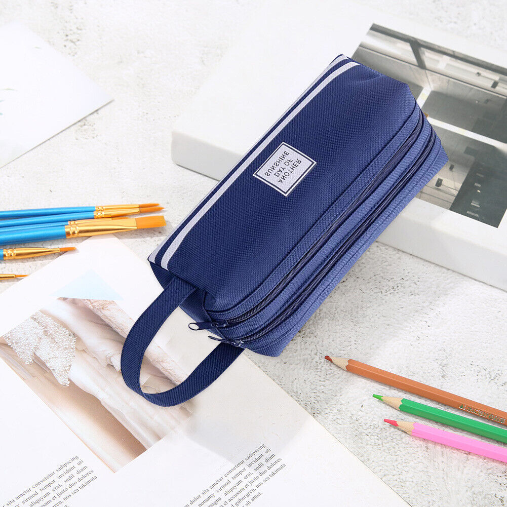 Large Capacity Pencil Case Bags Zipper Solid Stationery Box (Navy Blue)