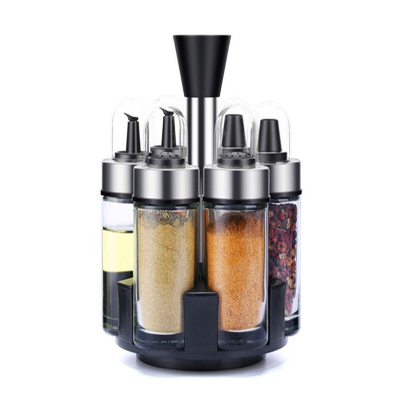 360° Rotation Spice Jar Holder with 6 Empty Bottle Salt Soy Sauce Dispenser Rack