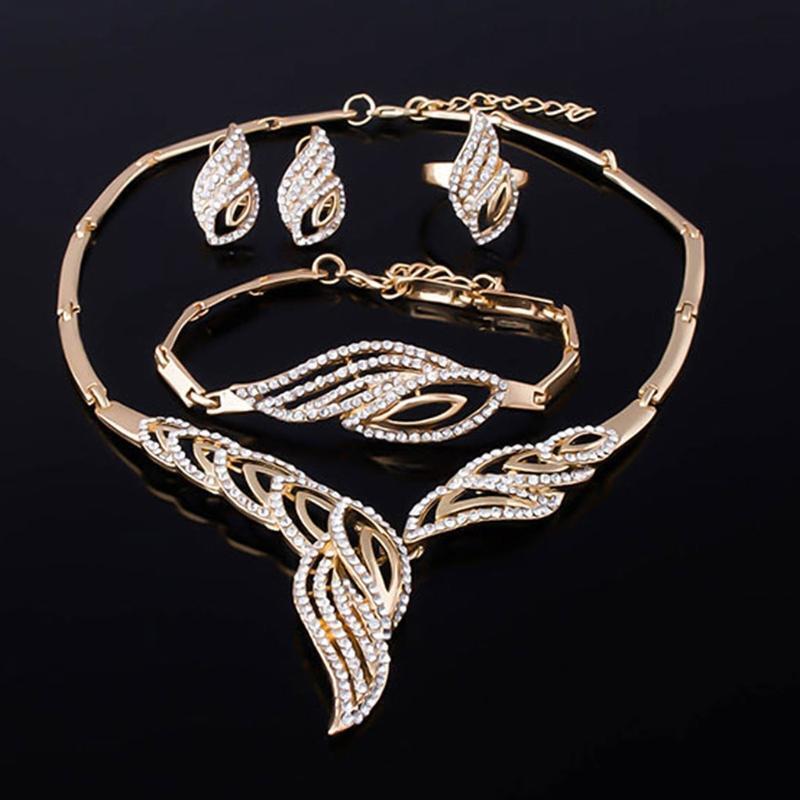 Women Jewelry Set Rhinestone Decor Necklace Ring Bracelet Earrings Party Dress
