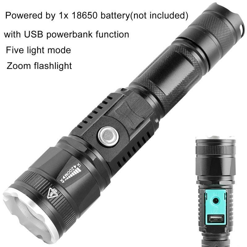 USB Zoom LED Torch No Battery 5 Modes for Camping Outdoor Hiking Travel