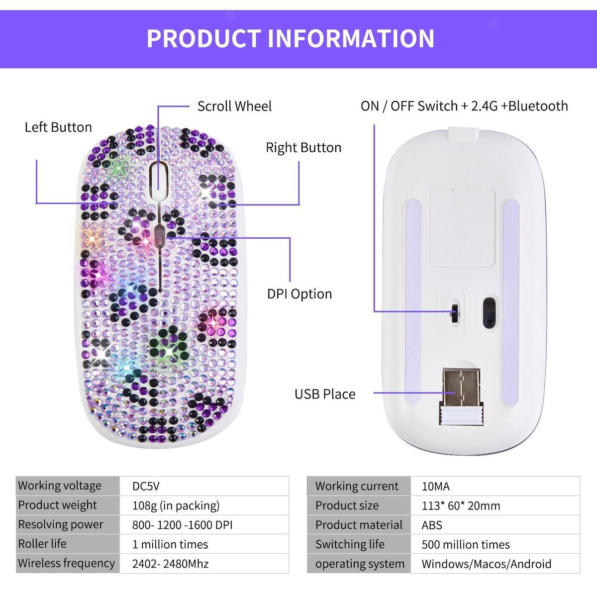 Colorful 3 Adjustable DPI Crystal Rhinestone Portable Rechargeable 1600DPI