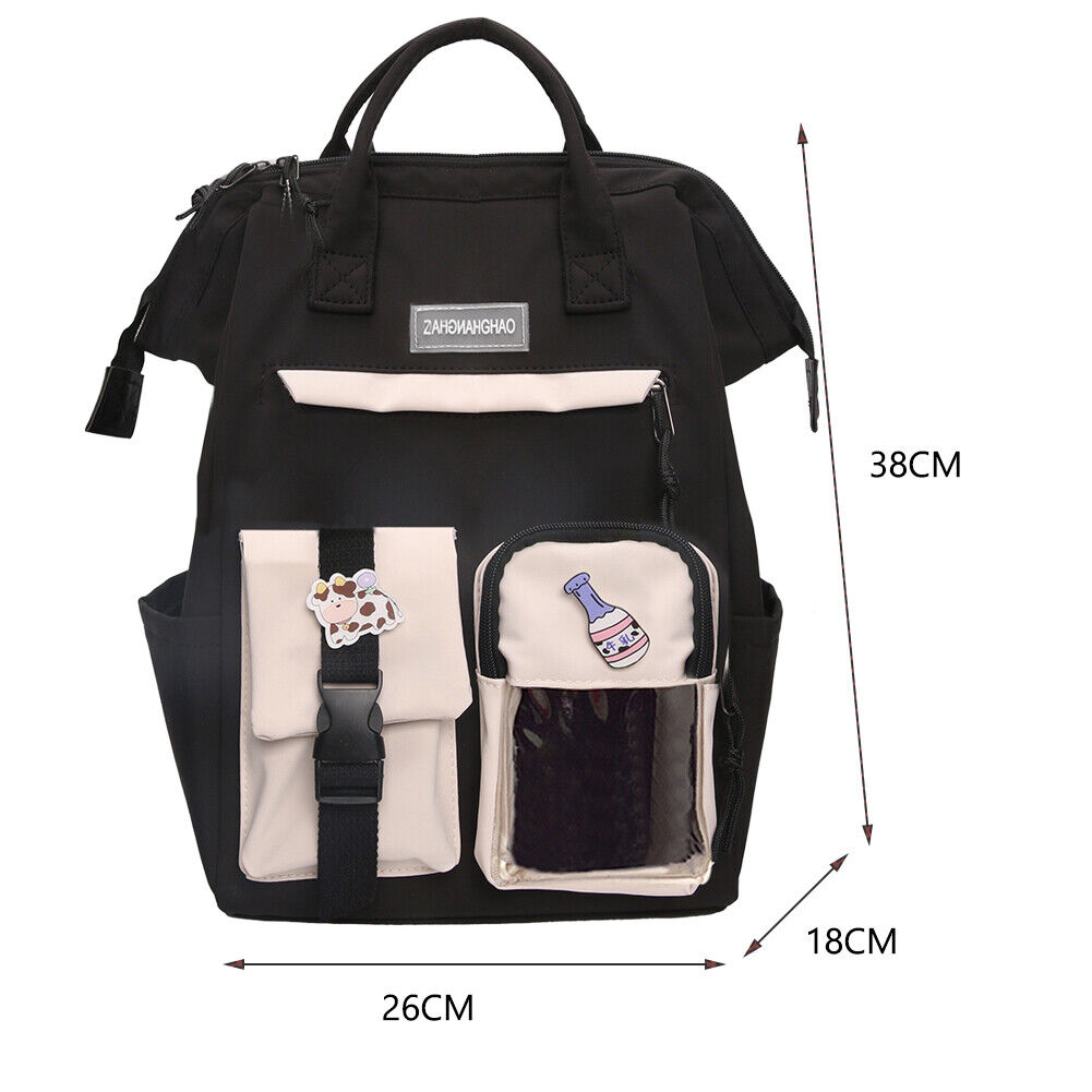 Preppy Style Women Hit Color Backpack Girls School Large Handbags (Black)