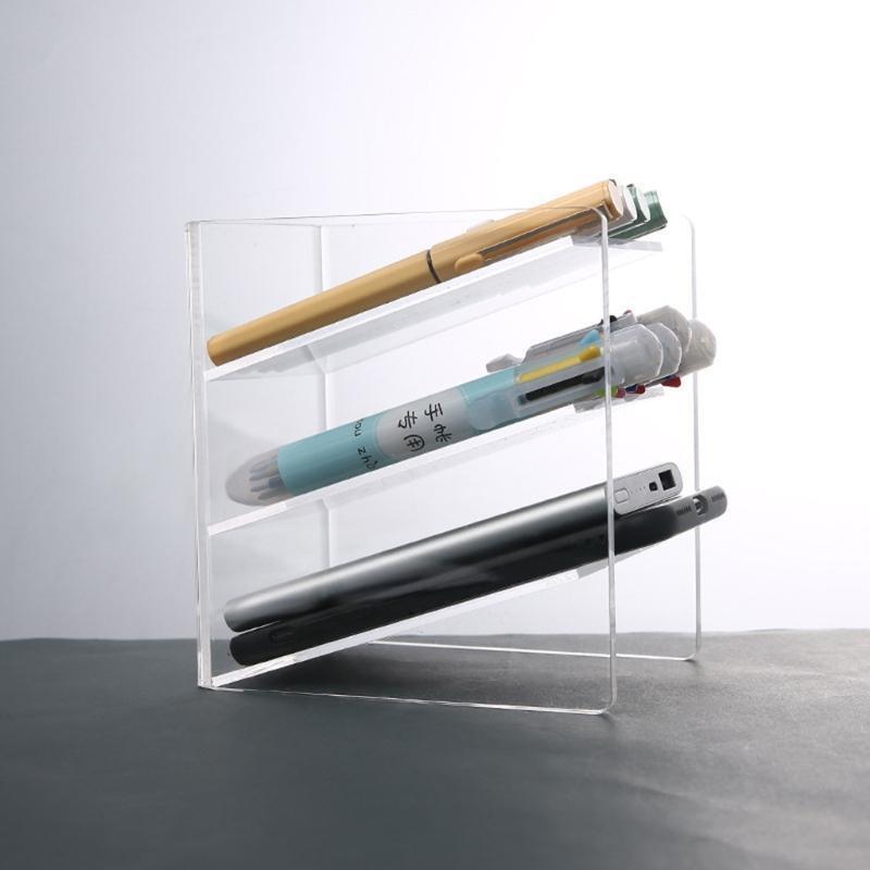 Desktop 3-grid Clear Pen Holder Transparent Makeup Tools Organizer Holder Box