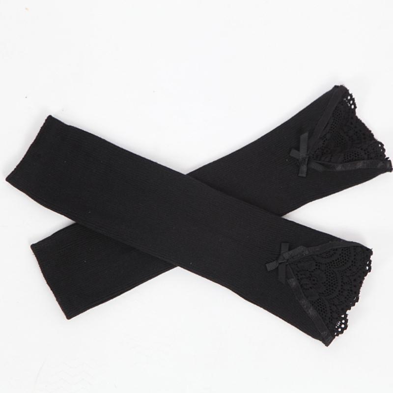Women Winter Ribbed Knit Arm Warmers Sleeves Lace Bowknot Long Fingerless Gloves