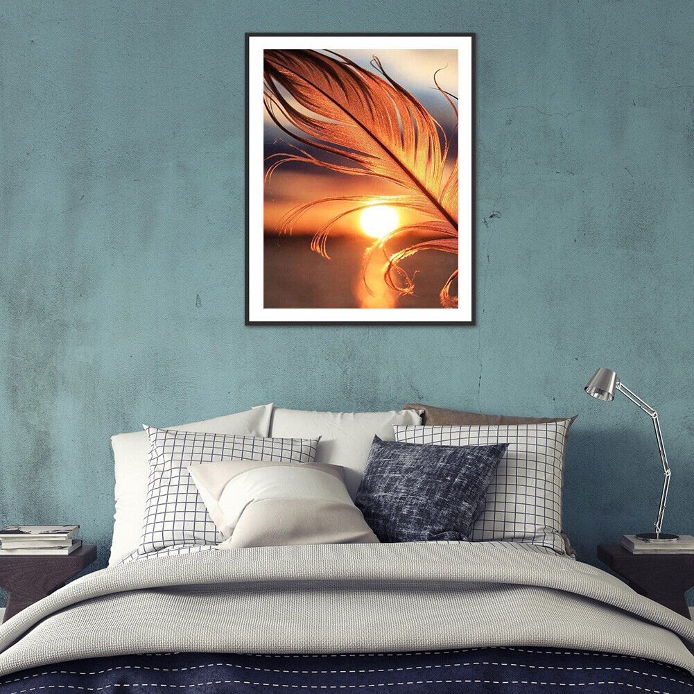 DIY Full Drill Round Diamond Painting Sunset Feather Rhinestones Mosaic Kit