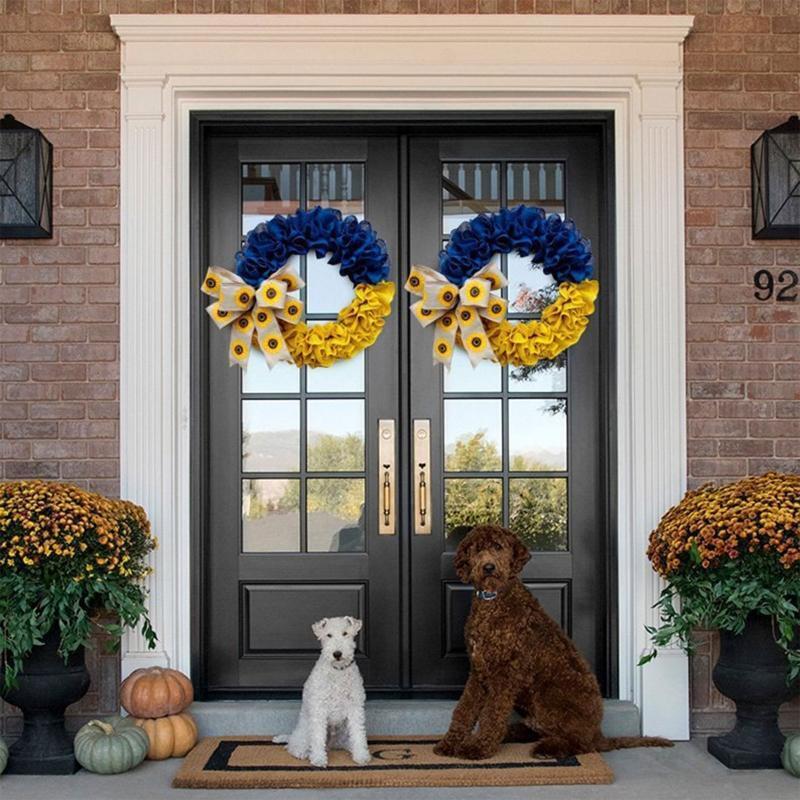 Ukraine Flag Ruffled Front Door Wreath with Sunflower Bowknot Garland Home Decor