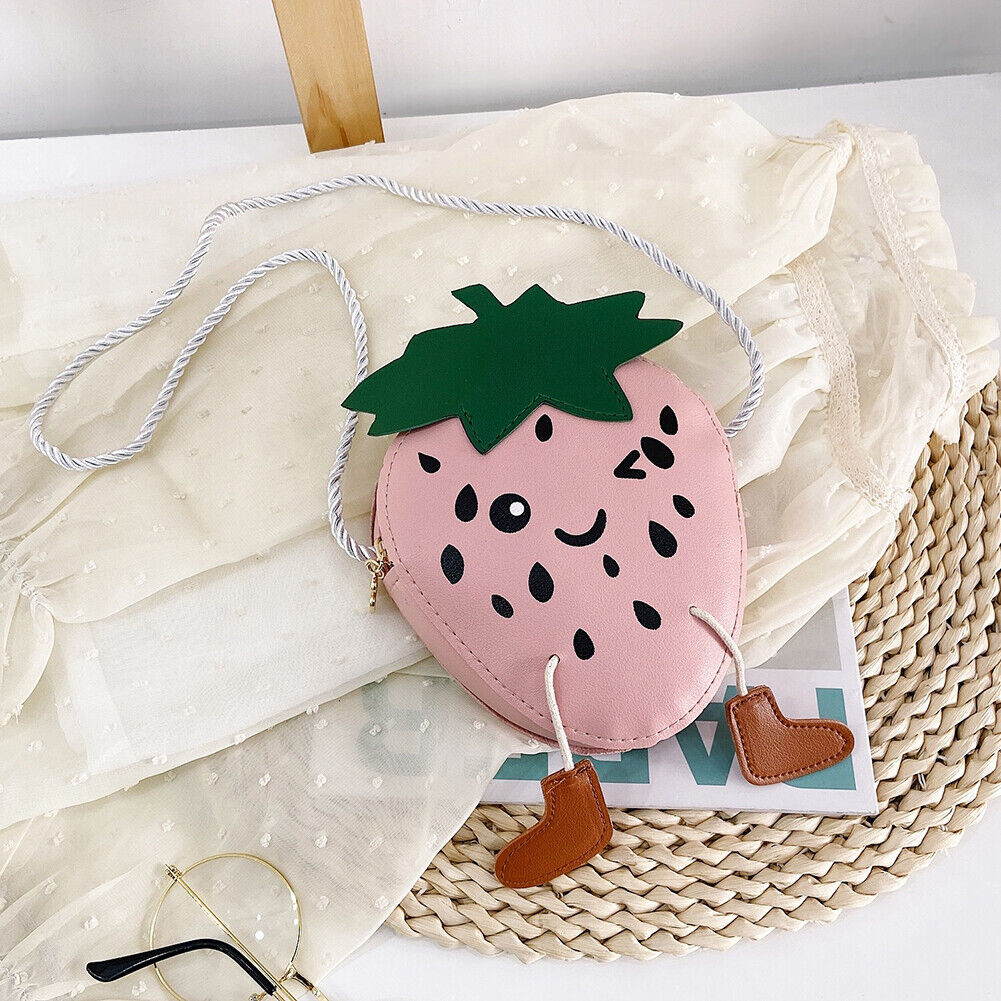 Kids Strawberry Shoulder Money Bag Girl PU Travel Crossbody Pouch (Pink)