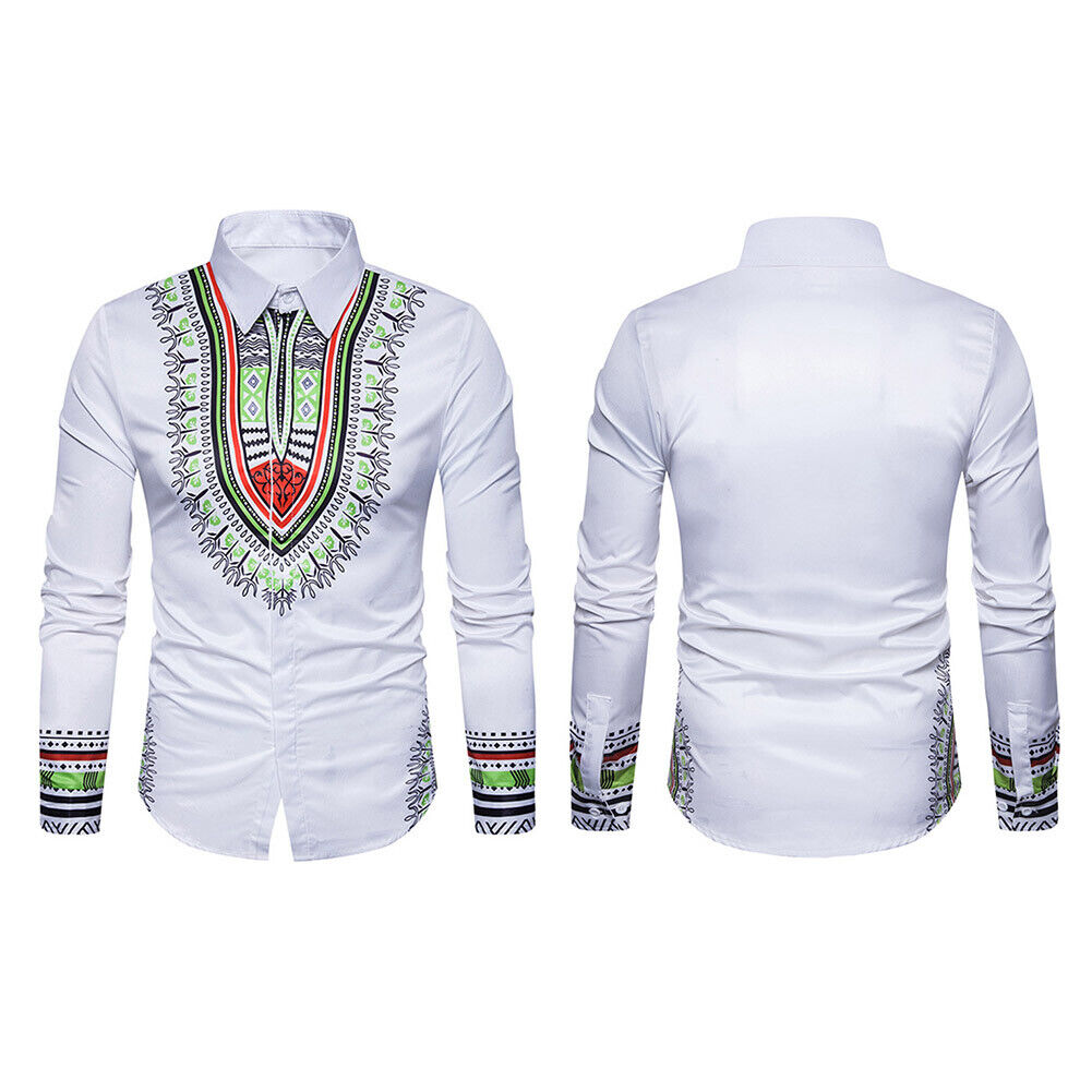 Spring Men Turn Down Collar Totem Print Long Sleeve Ethnic Shirt(White XL)-