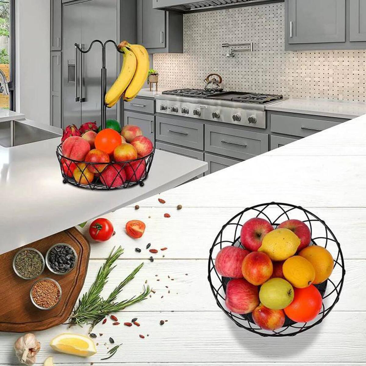 Metal Fruit Basket with Banana Hanger 2 Tier Storage Holder for Counter Home
