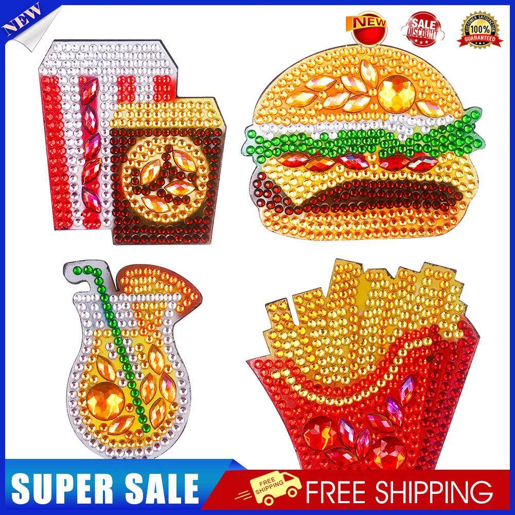 4pcs DIY Full Drill Diamond Burger Fries Food Embroidery Fridge Magnets