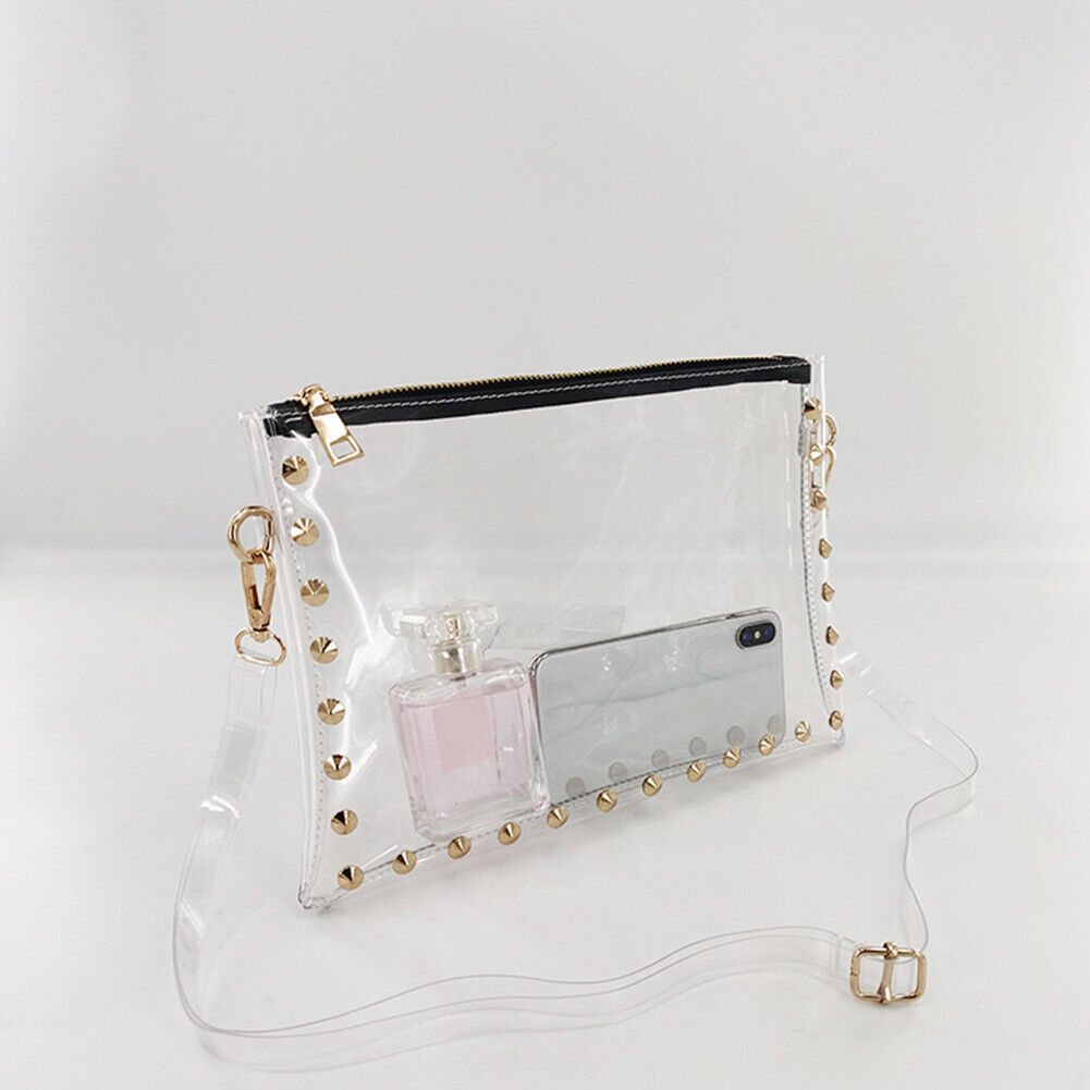 Women PVC Clear Shoulder Bag Lady Rivet Zipper Stadium Approved Handbag