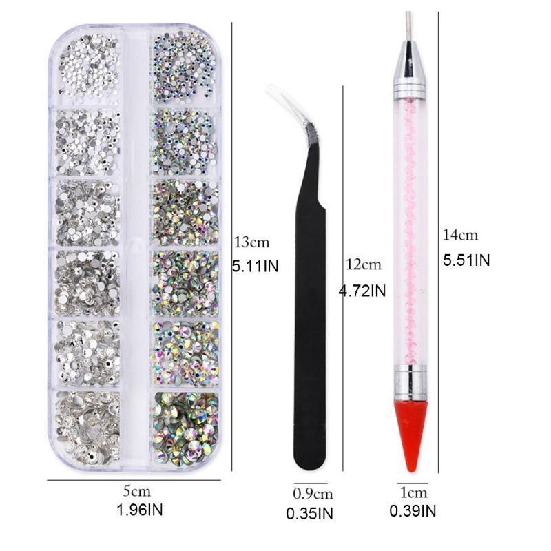 12 Grids Flatback Nail Art Decorations with Dual-ended Dotting Pen Tweezers Set