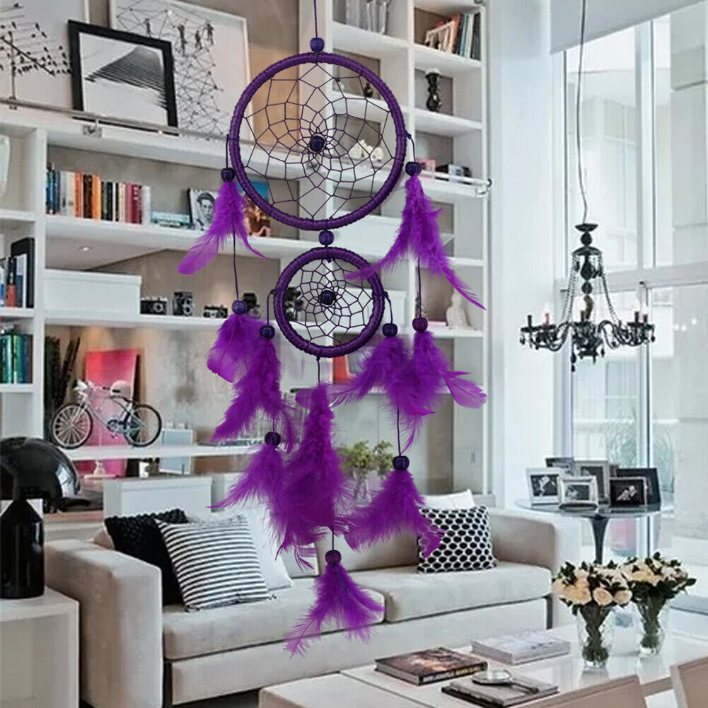 Double Ring Purple Feather Dream Catcher Wall Hanging Home Car Decor Craft
