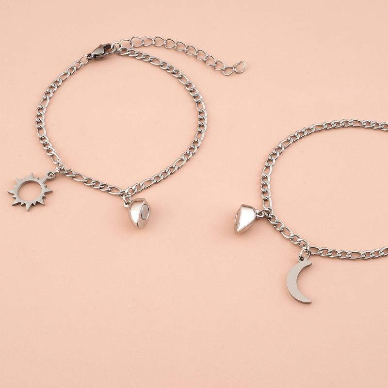 2x Heart-Shaped Chain Bracelets Sun Moon Magnetic Couple Bracelets for Women