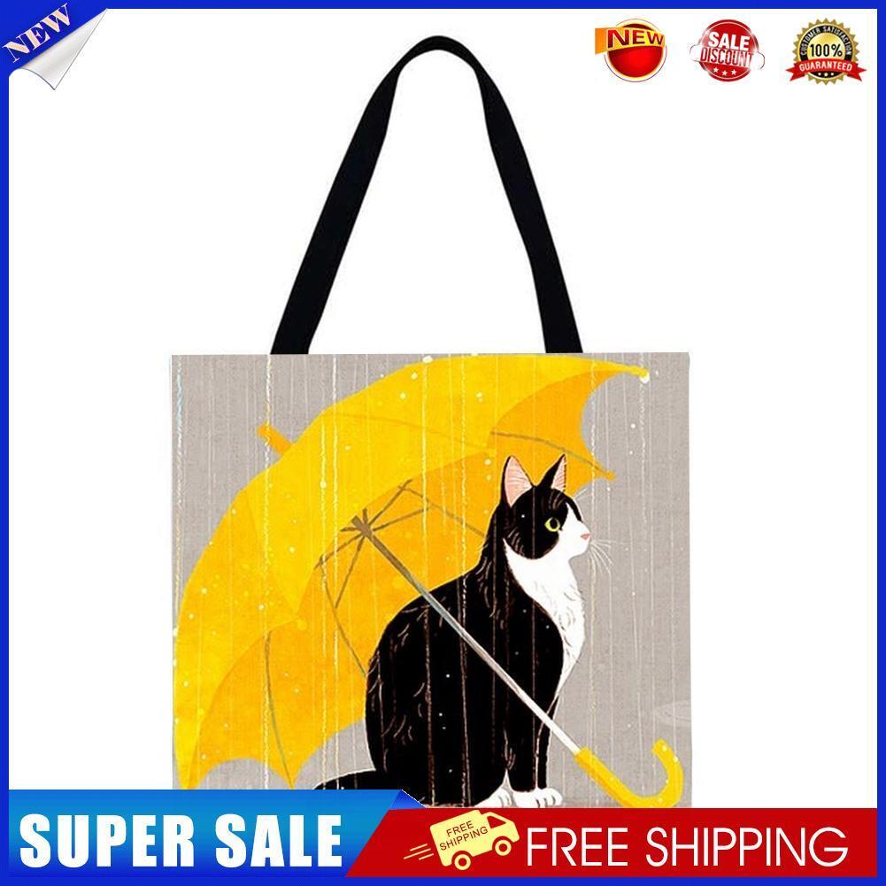 Cat with umbrella Printed Shoulder Shopping Bag Casual Large Tote Handbag
