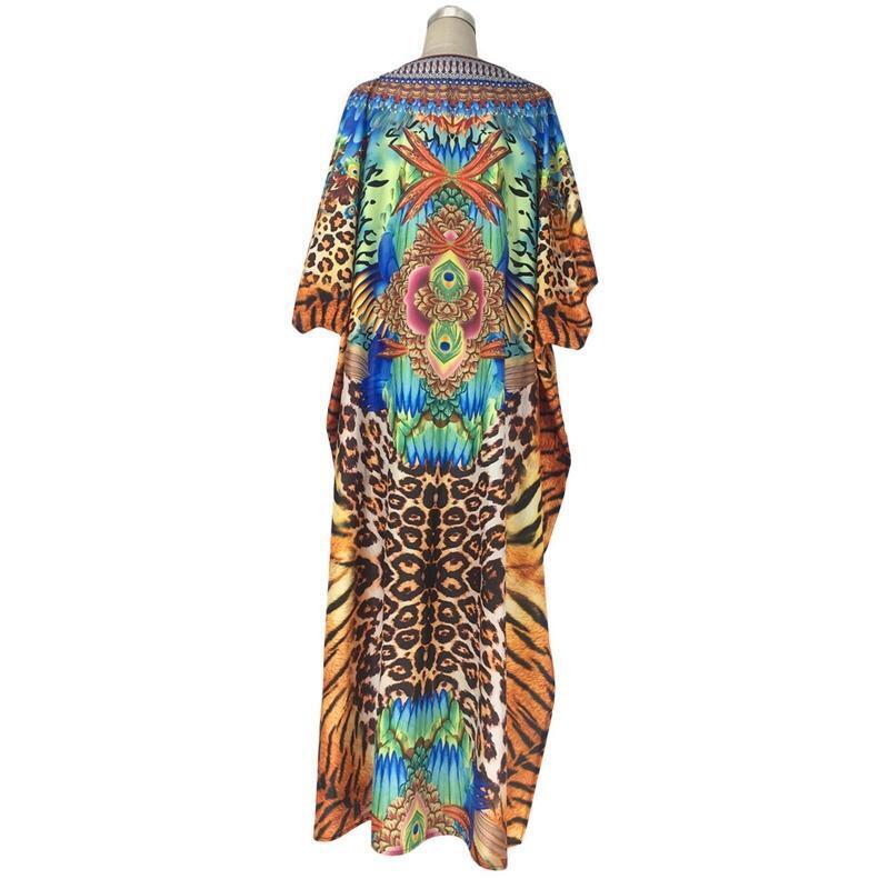 Women Middle East Kaftan Robe Beach Dress Boho Leopard Print Swimsuit Cover Up