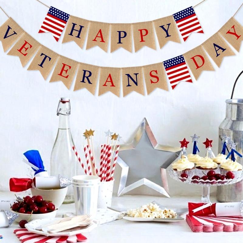 Burlap Pennant Banner for Happy Veterans Day for Home Mantle Party Fireplace