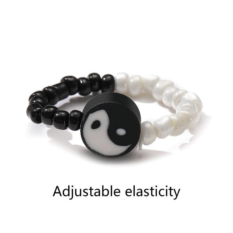 Ladies European American Black and White Tai Chi Rice Bead Ring Fashion Jewelry